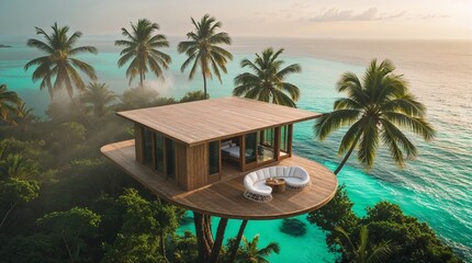 Fototapeta premium Modern wooden treehouse overlooking a tranquil ocean at sunset surrounded by tropical palms