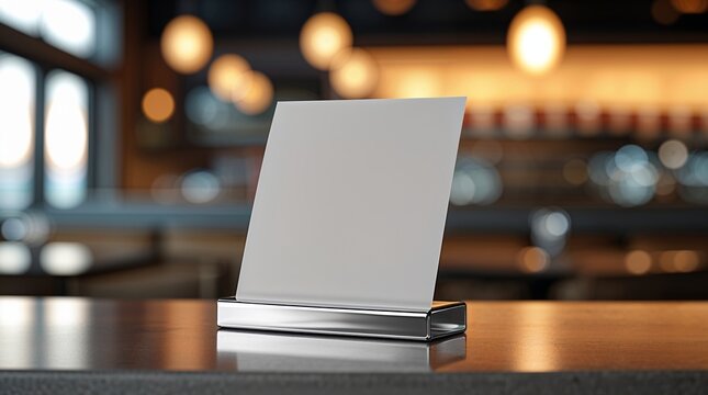 Blank card holder on wooden table in modern cafe with warm lighting during peak afternoon hours