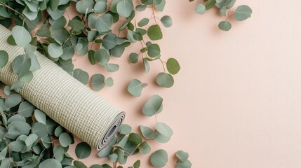 Vibrant Green Eucalyptus Leaves and Yoga Mat on Soft Background
