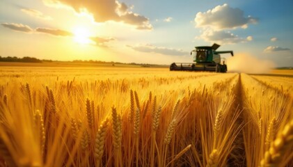 Fototapeta premium Golden barley field under a summer sun, ripe and ready for harvest Combines in the distance, hinting at the busy work ahead Abundant crop, agricultural success , barley, nature