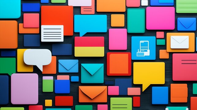 Colorful speech bubbles and icons digital communication graphic design vibrant environment top view modern concept