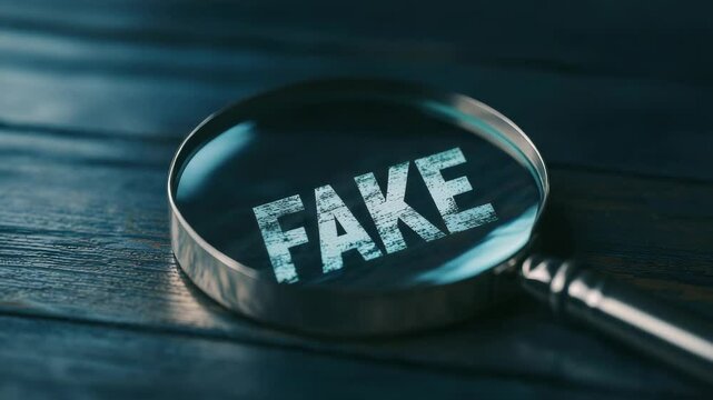Magnifying glass highlighting the word "FAKE" on wooden surface.