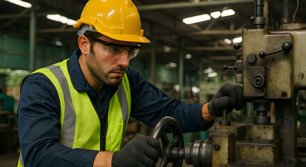 A factory worker wearing full personal protective equipment