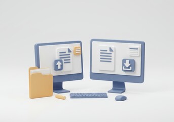 Illustrations of file transfer, upload and download on computers, isolated on white background