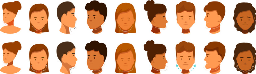Genioplasty icons set. Various stages of neck pain and relief depicted in a series of illustrations