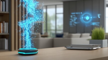 ARVR Gadget on Working Table Concept. Futuristic Home Office with Holographic Technology and Digital Interface Over a Wooden Desk