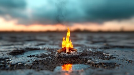 A campfire in the distance amid a dramatic landscape