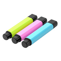 Three highlighters in vibrant colors: green, pink, and blue, featuring black caps and ends. cut out. transparent background
