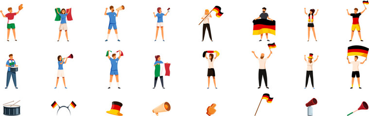 Soccer fans stadium icons set. Diverse group of enthusiastic football fans celebrating with flags, megaphones, and musical instruments, expressing their support and excitement