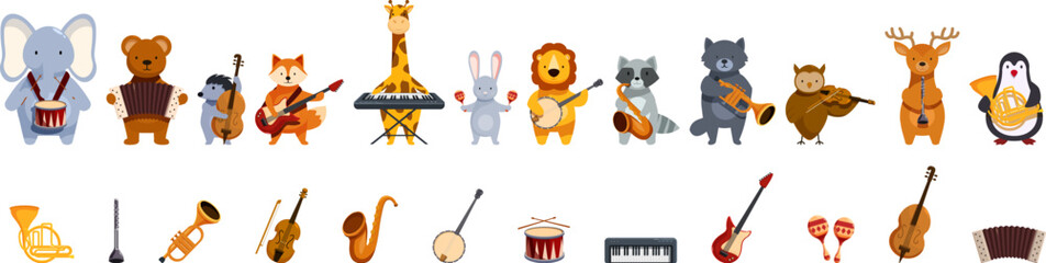 Animal music band icons set. Adorable cartoon animals playing various musical instruments, creating a cheerful and vibrant musical scene © nsit0108