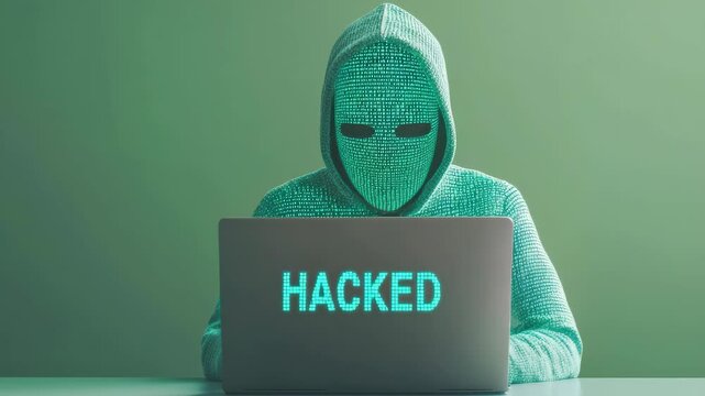 Hacker working on a laptop with "HACKED" displayed on the screen.