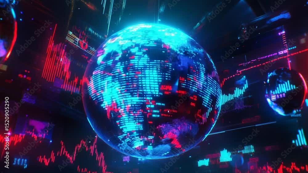 Poster captivating 3d globe animation with financial data and digital interface overlay effect