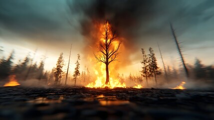 A charred skeletal tree silhouette punctuates a fiery sky after a devastating wildfire