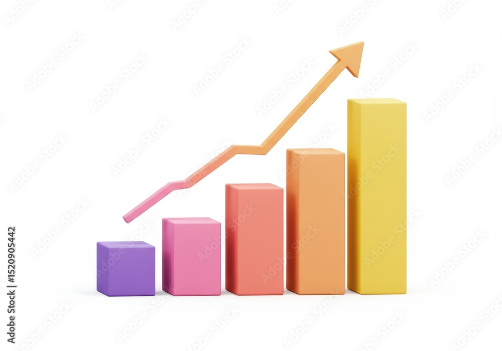 Aufkleber illustrations of a colorful bar graph with an arrow pointing upwards, isolated on white background