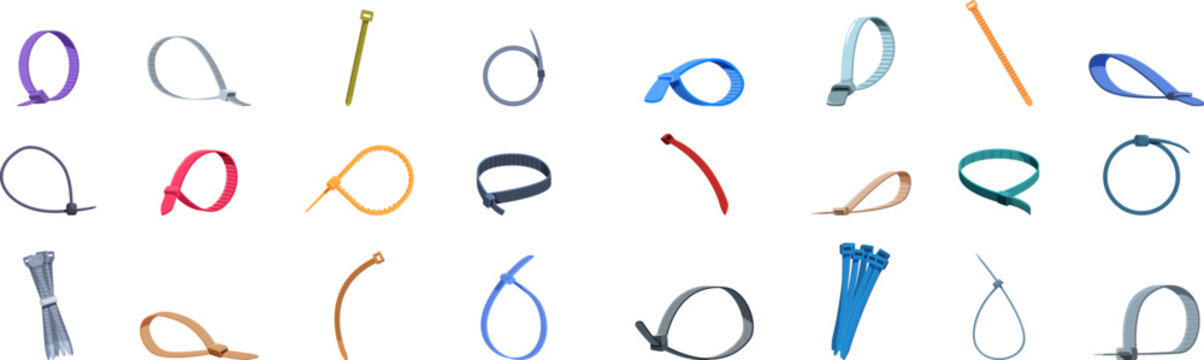 Cable ties icons set. Set of colorful cable ties are displayed, showcasing their utility in bundling and organizing wires and cables
