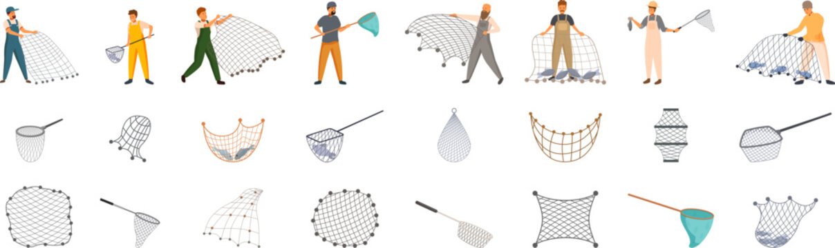 Fishing net icons set. Fishermen using different types of fishing nets, showcasing various net designs used in the fishing industry for efficient catches