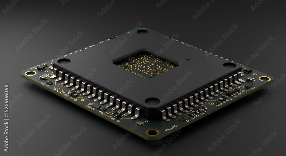 Poster modern electronic circuit board with intricate components in a dark gray setting. close-up view of t