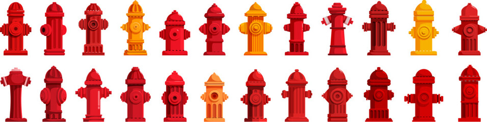 Fire hydrant icons set. Different fire hydrant designs ensure water access for firefighters during emergencies, safeguarding communities © nsit0108