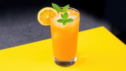 Refreshing orange juice cocktail with citrus slices on a bright yellow background. Bright colors and juicy details create a summer mood and an appetizing image.