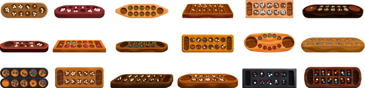 Mancala icons set. Set of mancala boards showcasing diverse designs, materials, and game stages, celebrating strategy and cultural heritage