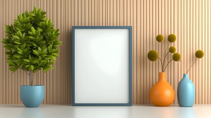 A chic minimalist office studio with a wooden background and empty frame  long title A