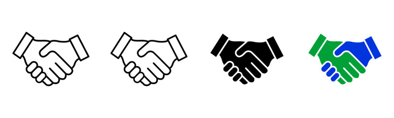 Vector handshake icon set isolated on transparent background, various styles for business agreement, partnership, and collaboration concepts including outline, solid black, and dual-tone illustrations
