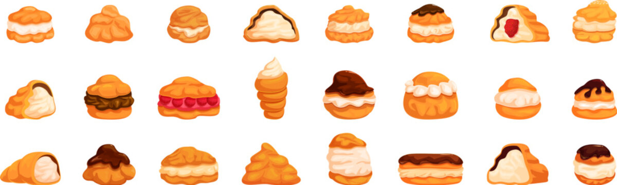 Cream puff icons set. Various cream filled pastries arranged in a neat row