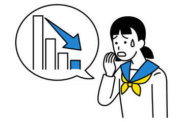 下降するグラフと動揺している女子学生