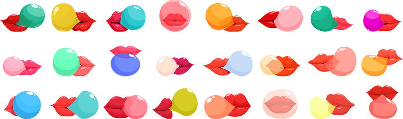 Lips bubble gum icons set. Vibrant lips and bubbles arranged in playful, colorful rows