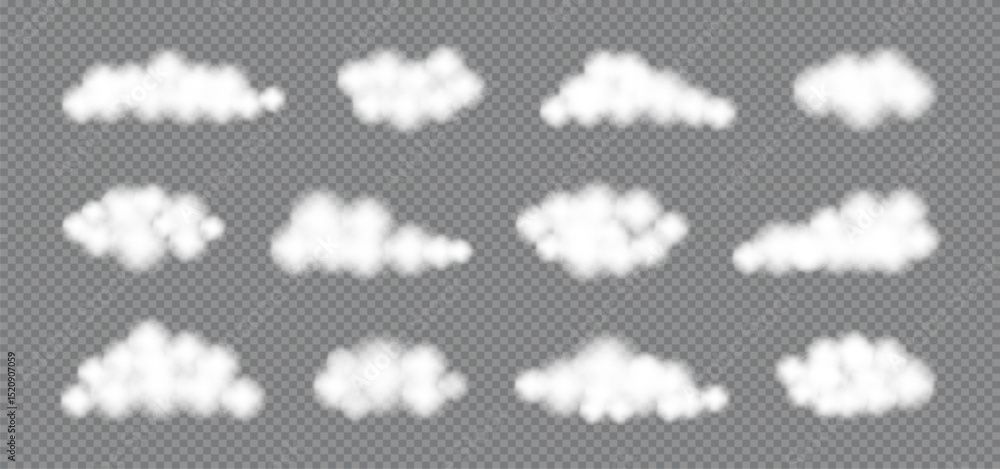 Aufkleber realistic white fluffy clouds set. cloudy weather in 3d style. soft blur effect. overlay sky element