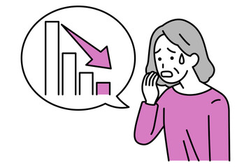 下降するグラフと動揺している年配の女性