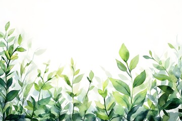 Obraz premium Watercolor painting of green plants and leaves on a background with white space 