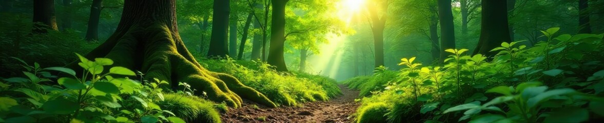 Lush green forest scene, sunlight dappling through leaves onto a mossy forest floor Perfect for nature, environmental, and travel themes , serenity, landscape
