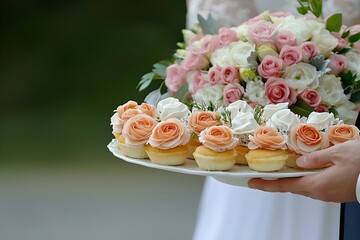 Wedding celebration cupcakes and floral arrangement outdoor garden food photography romantic setting close-up view sweet moments