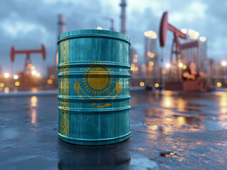 An oil barrel adorned with the Kazakhstan flag, set against the backdrop of an industrial oil field with pumpjacks at dusk. image symbolizes the oil industry and its significance to Kazakhstan