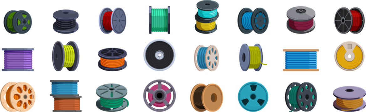 Filament spool icons set. Spools of electrical wire and cable in vibrant colors, ideal for industrial projects, representing connectivity and power distribution