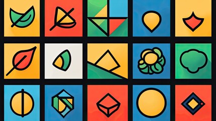 Fifteen colorful square icons with various geometric and nature inspired designs in a grid pattern