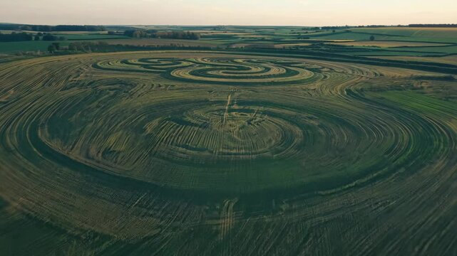 Crop circle patterns in rural farmland field
