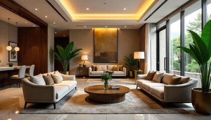 Fototapeta premium Luxurious hotel lobby with plush seating, elegant lighting, and modern art A perfect blend of comfort and sophistication, ideal for relaxation or business meetings , seating, rest