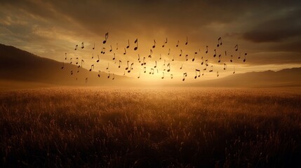 Abstract music notes in harmony enchanting landscape at sunset band instruments in a dreamy environment
