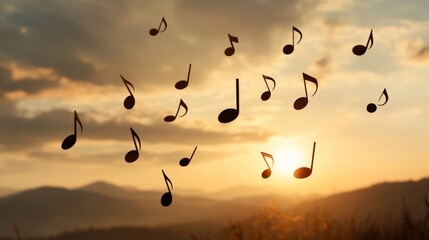 Abstract music notes dancing in harmony against a scenic sunset landscape band instruments and nature's beauty