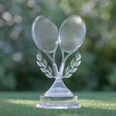 An elegant crystal tennis trophy with crossed rackets and laurel leaves, reflective surface with light refractions, set on a grass court. 