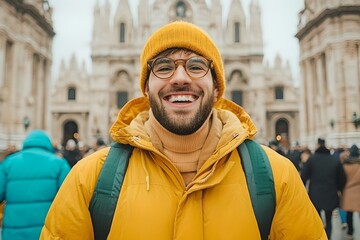 Joyful man smiling in yellow jacket milan portrait urban setting close-up happiness