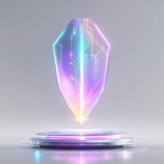 a high-tech, futuristic esports trophy with glowing neon circuits, sharp geometric design, suspended on a levitating platform, cyberpunk environment with holograms and RGB lighting