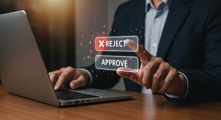 Fototapeta premium Man makes decision online clicking virtual reject approve buttons using laptop, approve, reject, decision, online, business, businessman, choice, computer, click, concept, finger, hand, internet, lapt