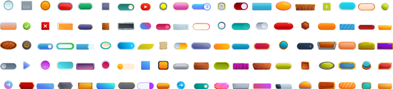 Wide variety of colorful buttons providing play, pause, settings, and directional controls for casual games or apps