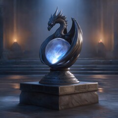 a mystical fantasy trophy shaped like a dragon clutching a crystal orb, set in an ancient stone pedestal, ambient lighting, high fantasy for esports competition, gaming or DnD