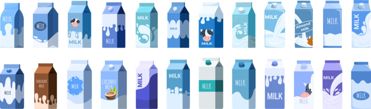 Milk drink box icons set. Collection of milk cartons showcasing diverse flavors like chocolate, coconut, and almond, alongside traditional cow s milk, highlighting variety in the dairy and non dairy