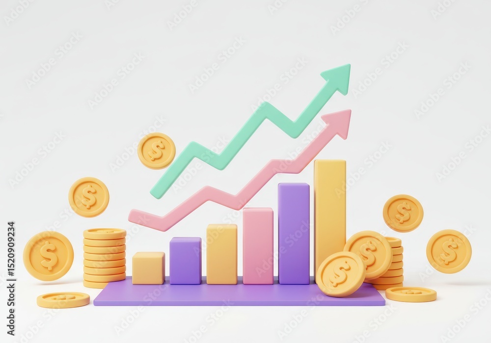 Poster illustrations of a bar graph and dollar coins with upward trending arrows isolated on white backgrou