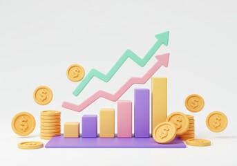 Illustrations of a bar graph and dollar coins with upward trending arrows isolated on white background